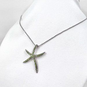 Green Jeweled Starfish Pendant Silver Tone 16” Ball Chain Necklace